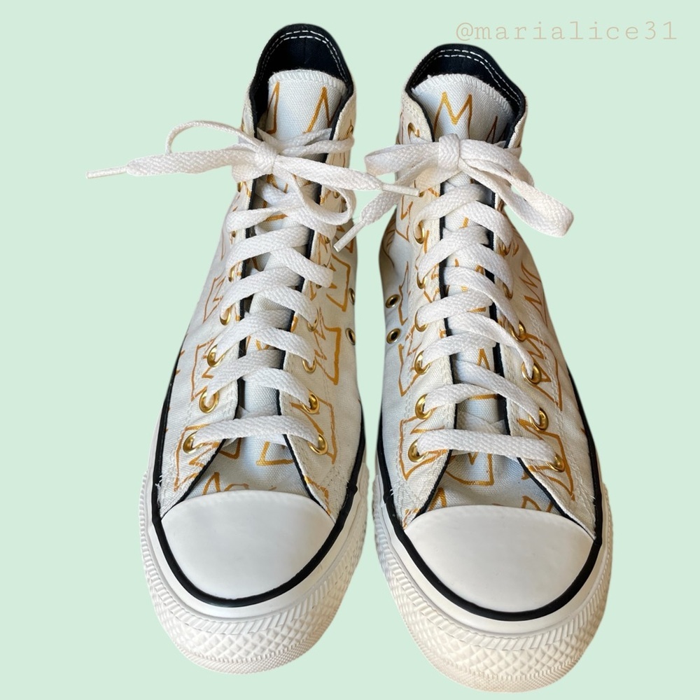 Converse x Jean Michel Basquiat Unisex High-Top Sneakers White & Gold. EUC